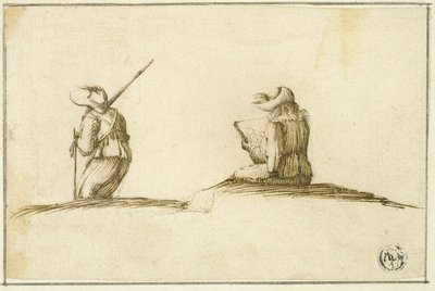 Artiste en train de dessiner et soldat, tous deux vus de dos - Stefano della Bella