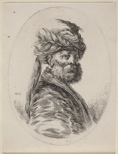 Maure barbu au turban à plumes avec un voile, tourné vers la droite - Stefano della Bella