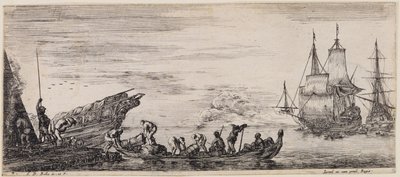 Chargement de divers navires : à gauche, quai de chargement avec poste de garde et ouvriers portuaires déchargeant un bateau - Stefano della Bella