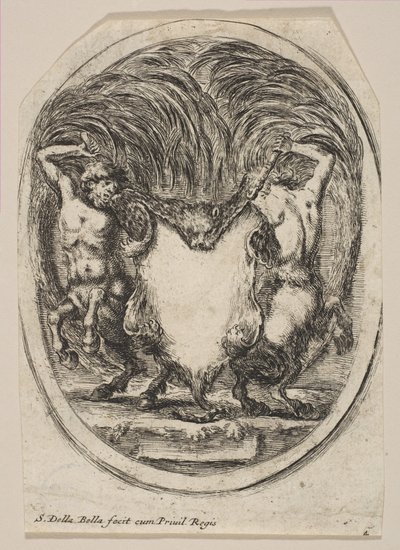 Cartouche formé par une peau de tigre flanquée de deux centaures, 1647 - Stefano della Bella