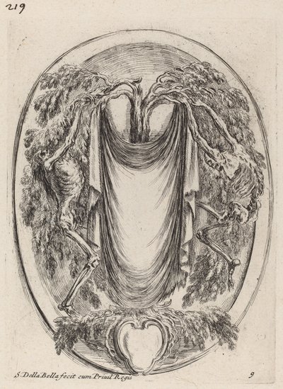 Cartouche en forme de drapé suspendu à un cyprès flanqué de squelettes - Stefano della Bella