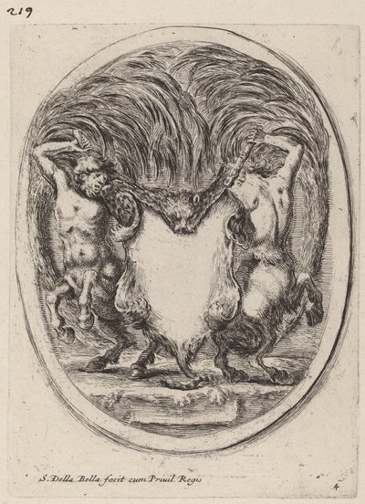 Cartouche en forme de tigre écorché soutenu par des centaures - Stefano della Bella