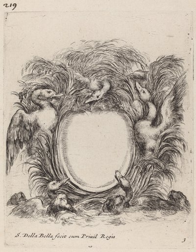 Cartouche avec des canards et des chiens - Stefano della Bella