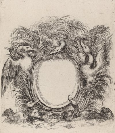 Cartouche avec des canards et des chiens - Stefano della Bella