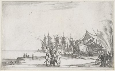 Trois hommes parlant sur le quai (Représentations maritimes, Suite de huit marines) - Stefano della Bella