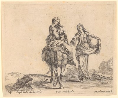 Femme avec enfant sur un âne, accompagnée d