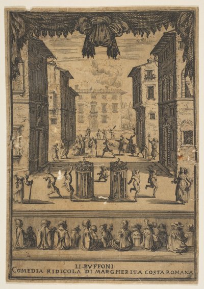 Frontispice pour la comédie Les Bouffons Li Buffoni, un décor sur scène ressemblant à un p..., vers 1639 - Stefano della Bella