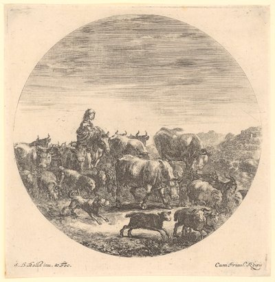 Bergère à cheval avec un troupeau de vaches et de moutons, feuille n° 5 de la série « Six motifs animaliers en forme circulaire » - Stefano della Bella