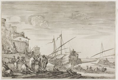 Vues du port de Livourne : Maisons surplombant un port - Stefano della Bella