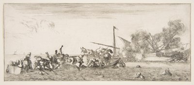 Bataille navale, une chaloupe remplie de personnes se battant avec des mousquets à gauche, des personnes se noient..., vers 1641 - Stefano della Bella