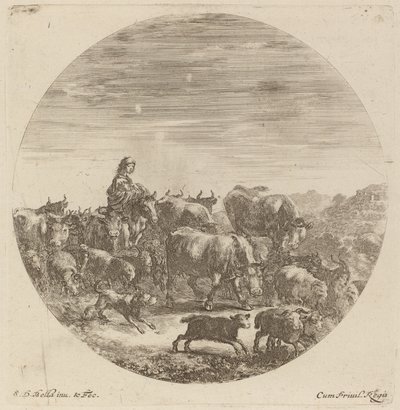 Paysanne assise sur un cheval avec des vaches, des moutons et des chèvres - Stefano della Bella