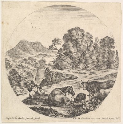 Planche 10 : un cheval couché au centre, une vache et deux chèvres à droite, deux assis..., vers 1643-48 - Stefano della Bella