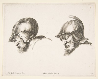 Deux têtes de vieux soldats portant des casques, tous deux regardant vers la gauche - Stefano della Bella