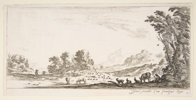 Planche 11 : bergère assise à droite sous un arbre, regardant son troupeau à gauche, vers 1641 - Stefano della Bella