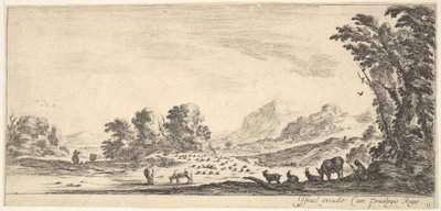 Planche 11: bergère assise à droite sous un arbre, regardant son troupeau à gauche, vers 1641 - Stefano della Bella