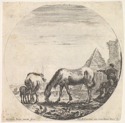 La pyramide de Caius Cestius à droite en arrière-plan, un cheval broutant, vers 1643-48 - Stefano della Bella