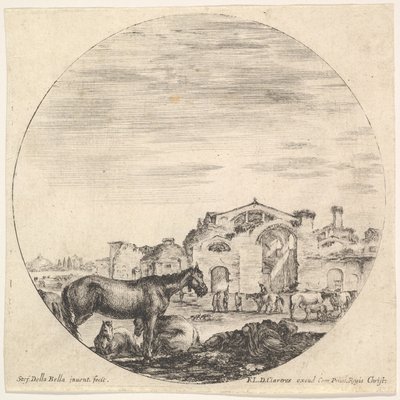 Planche 12 : un berger dormant sur le sol à droite, trois chevaux à gauche, autres h..., ca. 1643-48 - Stefano della Bella
