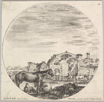 Planche 12 : un berger dormant sur le sol à droite, trois chevaux à gauche, autres..., vers 1643-48 - Stefano della Bella