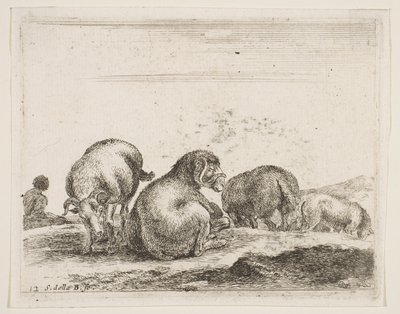 Planche 12 : moutons et bélier dans un pâturage, de Divers animaux - Stefano della Bella