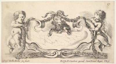 Cartouche avec un centre en marbre, un enfant de chaque côté tenant une guirlande - Stefano della Bella