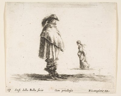 Planche 17 : un homme portant un chapeau à plumes au centre face à droite, une femme marchant vers..., vers 1644-47 - Stefano della Bella