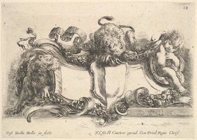 Cartouche contenant un blason vide, deux lionnes, 1646 - Stefano della Bella