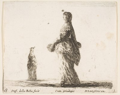 Planche 18 : une noble dame marchant vers la gauche avec un éventail à plumes, une autre femme en arrière-plan - Stefano della Bella
