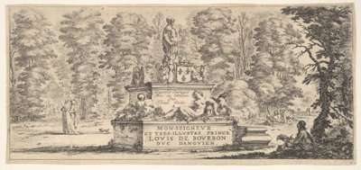 Planche 1 : un monument avec des statues et un blason au centre, un dessinateur sur le..., vers 1641 - Stefano della Bella