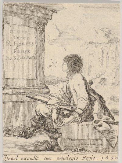 Planche 1 : un jeune homme assis sur une pierre, de profil gauche, tenant un carnet de croquis..., 1650 - Stefano della Bella