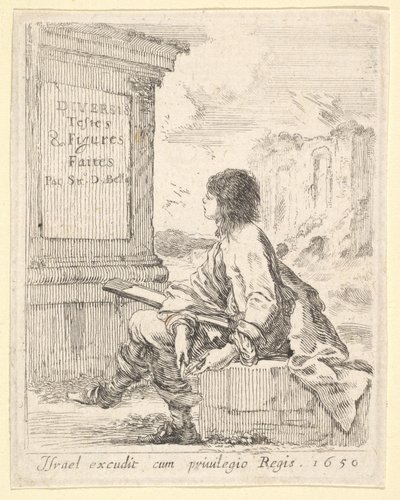 Planche 1 : un jeune homme assis sur une pierre, de profil gauche, tenant un carnet de croquis, 1650 - Stefano della Bella