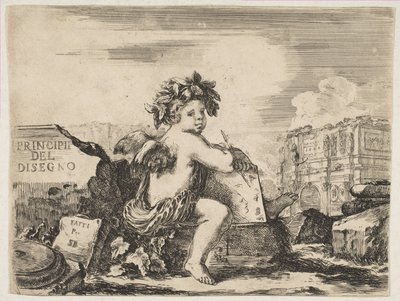 Le Génie du Dessin, un Enfant avec des Ailes, Assis sur un Rocher - Stefano della Bella