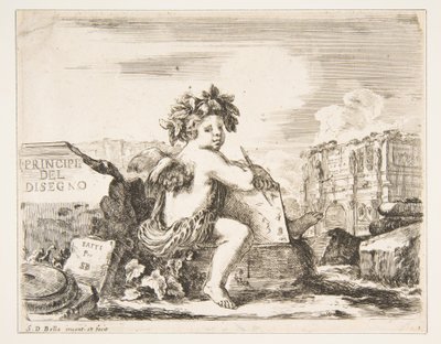 Planche 1 : le génie du dessin, un enfant avec des ailes, assis sur un rocher au centre tourn..., vers 1641-43 - Stefano della Bella