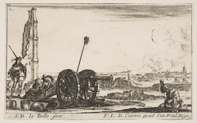 Planche 2 : Un canon à gauche, une ville en arrière-plan, de Divers Caprices Militaires - Stefano della Bella
