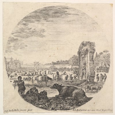 Planche 2: Campo Vaccino, un buffle et deux bergers au centre, le Fontanone à droite, ca. 1643-48 - Stefano della Bella
