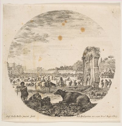 Planche 2 : Campo Vaccino, un buffle et deux bergers au centre, le Fontanone à droite - Stefano della Bella