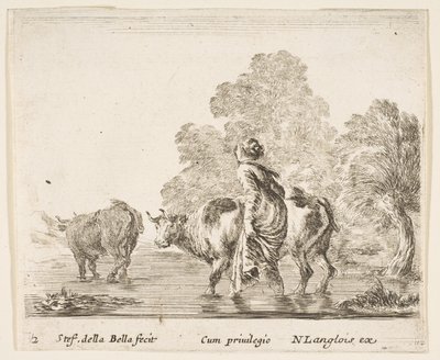 Une paysanne conduisant deux vaches à travers un ruisseau, marchant vers la gauche..., vers 1644-47. - Stefano della Bella