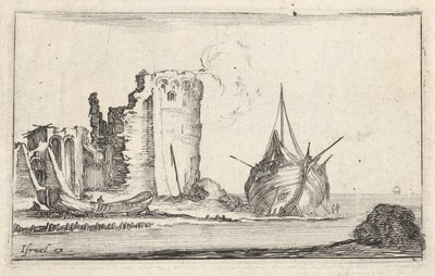 Navire à droite et barque à gauche échoués sur le rivage, tour en ruines (détail) - Stefano della Bella