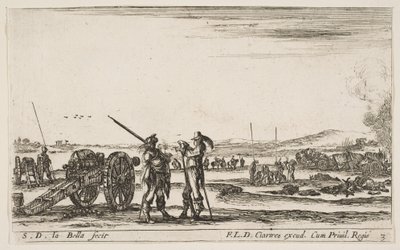 Planche 3 : Un officier donnant des ordres à un soldat au premier plan, canon à gauche, f..., ca. 1641 - Stefano della Bella