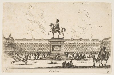 Planche 3 : La Place Royale, statue équestre de Louis XIII de profil face à gauche au centre..., 1642 - Stefano della Bella