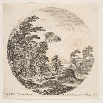 Planche 3 : une tempête dans la forêt, deux cavaliers enveloppés dans leurs manteaux, avec le vent souf..., vers 1646 - Stefano della Bella