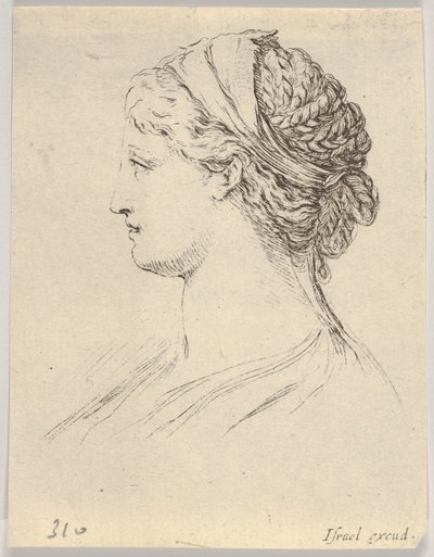 Planche 3 : tête de femme aux cheveux tressés, tournée de profil vers la droite - Stefano della Bella