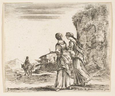 Planche 3 : deux filles marchant vers la gauche, vues de dos, une femme à cheval, vers 1644-47 - Stefano della Bella