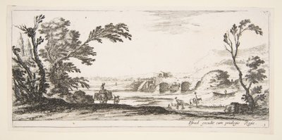 Planche 3 : deux cavaliers traversant une rivière à droite, une femme avec deux paniers sur un âne, vers 1641 - Stefano della Bella