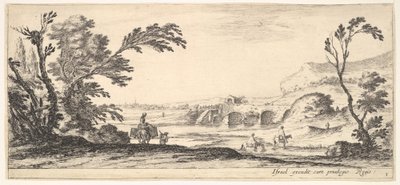 Planche 3 : deux cavaliers traversant une rivière à droite, une femme avec deux paniers sur un âne, vers 1641 - Stefano della Bella