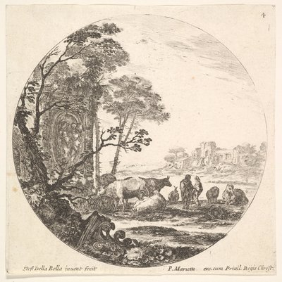 Planche 4 : un chapiteau corinthien au sol à gauche au premier plan, un monument..., vers 1643-48 - Stefano della Bella