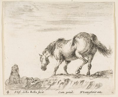 Planche 4: un cheval de profil face à gauche, sur le point de descendre d