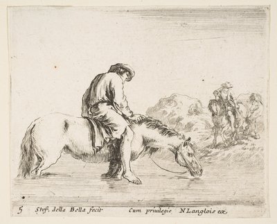 Planche 5: un paysan pieds nus à cheval traversant une rivière, un autre paysan à cheval..., ca. 1644-47 - Stefano della Bella