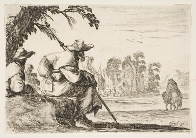 Planche 5: deux pèlerins avec des chapeaux se reposent à gauche, vus de dos, un cavalier s