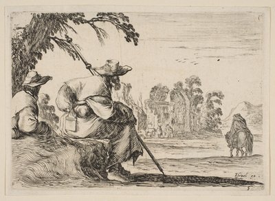Planche 5 : deux pèlerins avec des chapeaux se reposent à gauche, vus de dos, un cavalier chevauche vers..., 1642 - Stefano della Bella