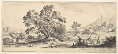 Planche 6 : un pêcheur portant un filet à gauche, deux cavaliers dans un ruisseau à droite, un arbre..., vers 1641 - Stefano della Bella
